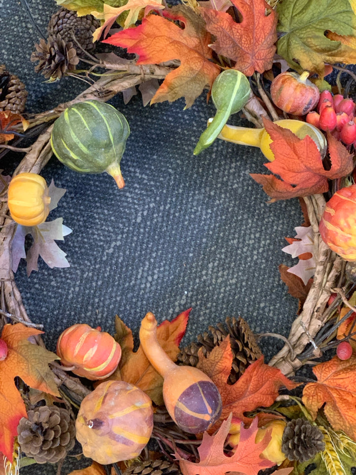FALL WREATH W GOURDS, LEAVES, AND PINECONES.