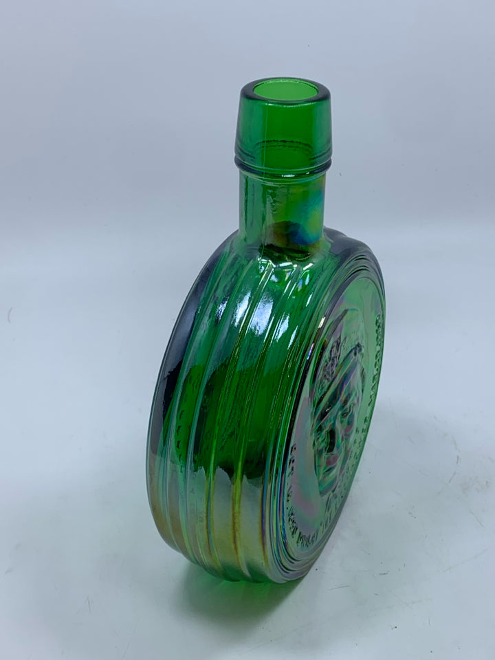 VTG GREEN IRIDESCENT GLASS EISENHOWER EMPTY BOTTLE.
