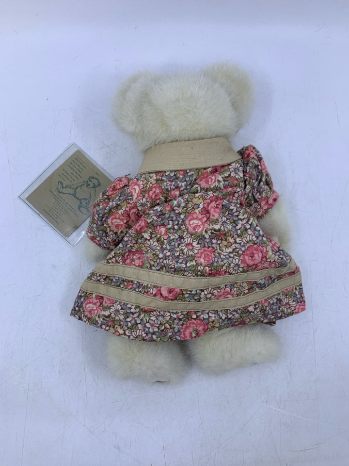 WHITE BEAR W/ PINK FLORAL DRESS.
