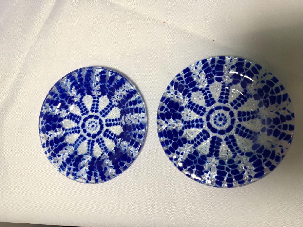 2 BLUE/ CLEAR FUSED GLASS BOWLS.