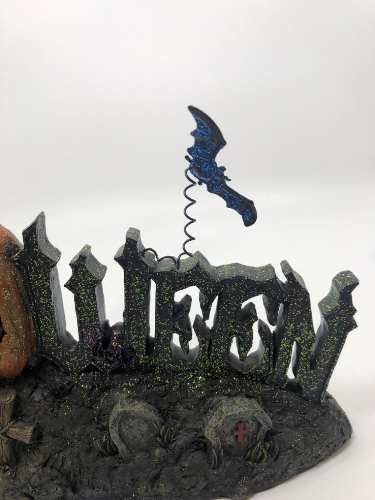 HALLOWEEN GLITTER CEMETARY RESIN SHELF DECOR.