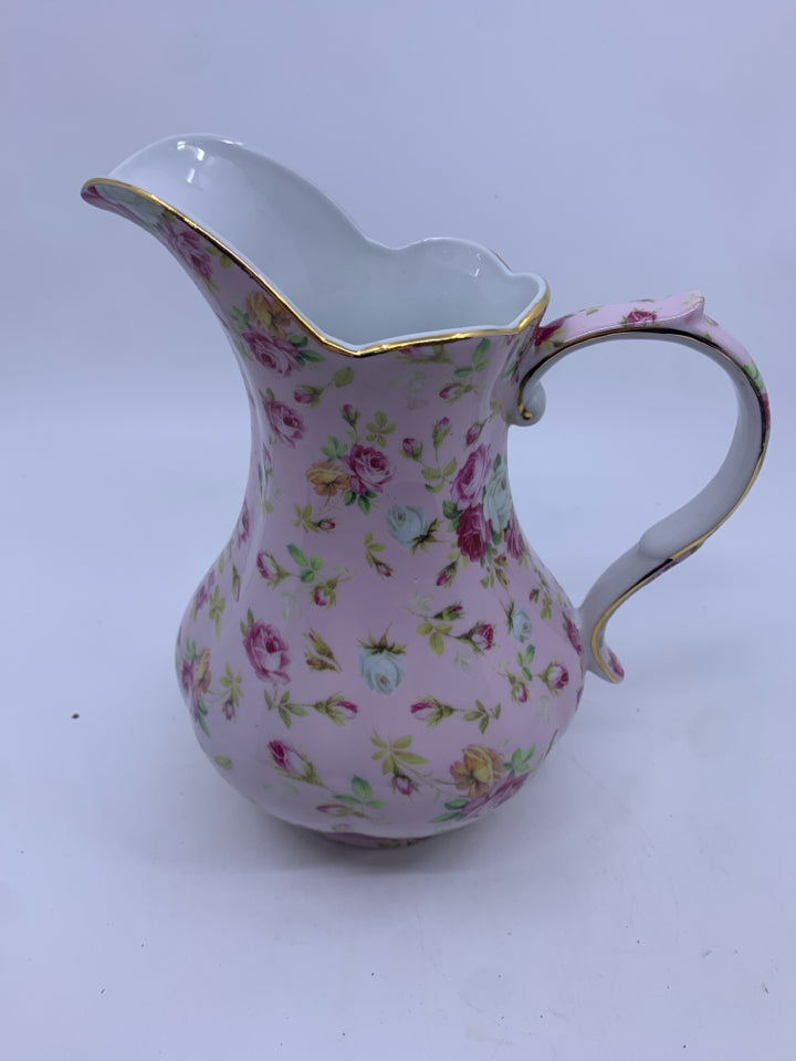 PINK CERAMIC PITCHER W/ COLORED ROSES GOLD EDGE.