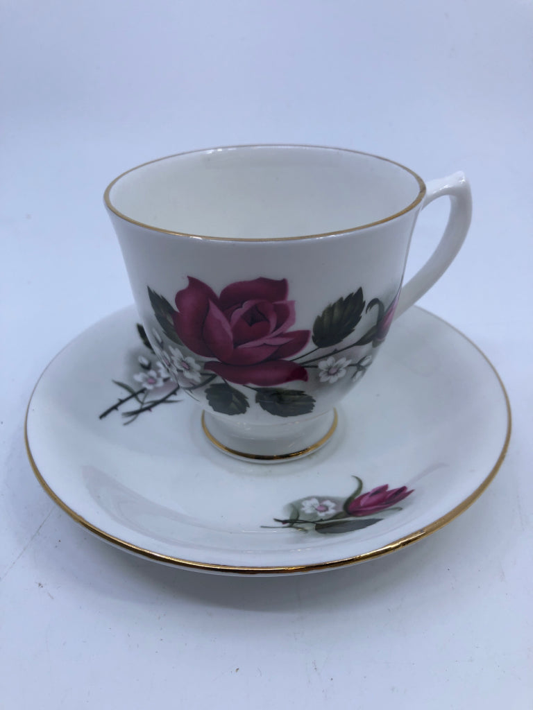 PINK FLORAL W WHITE FLORAL ACCENTS TEACUP AND SAUCER- ROYAL KENT.
