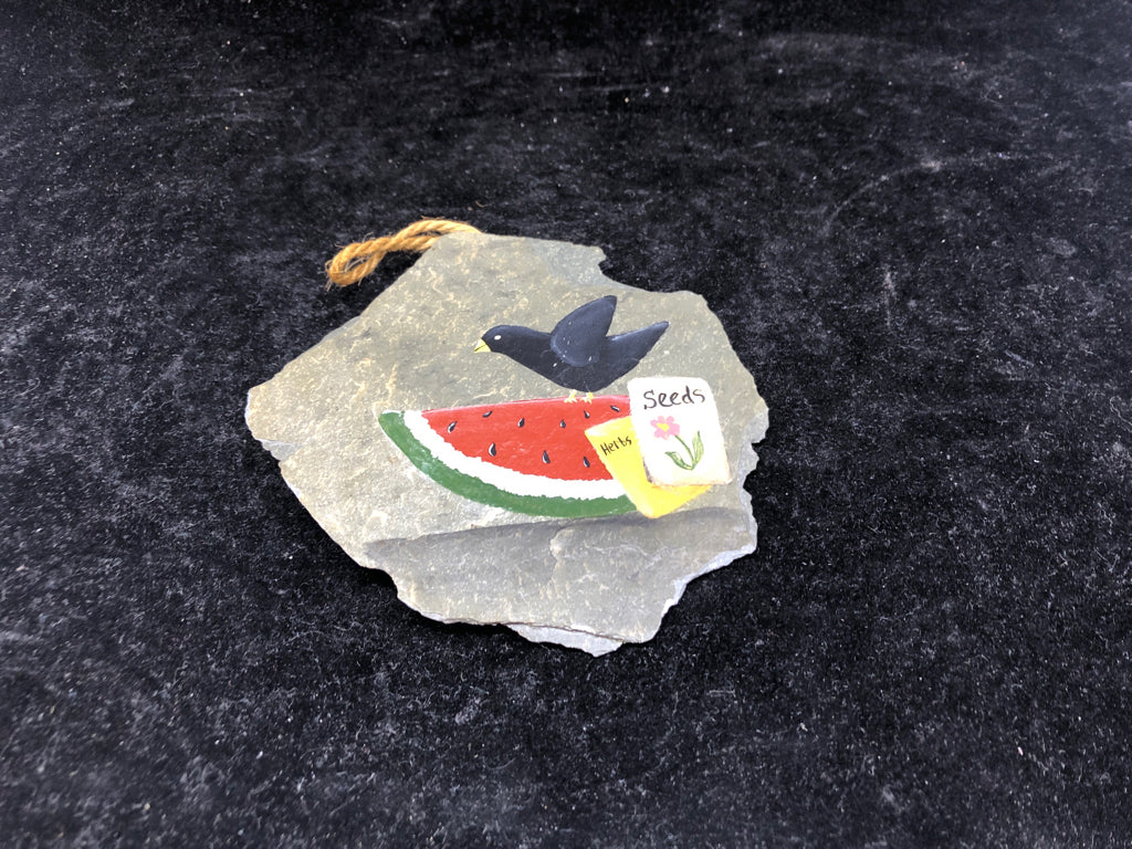 STONE SLATE PAINTED WATERMELON/CROW SEED PACKETS WALL HANGING.