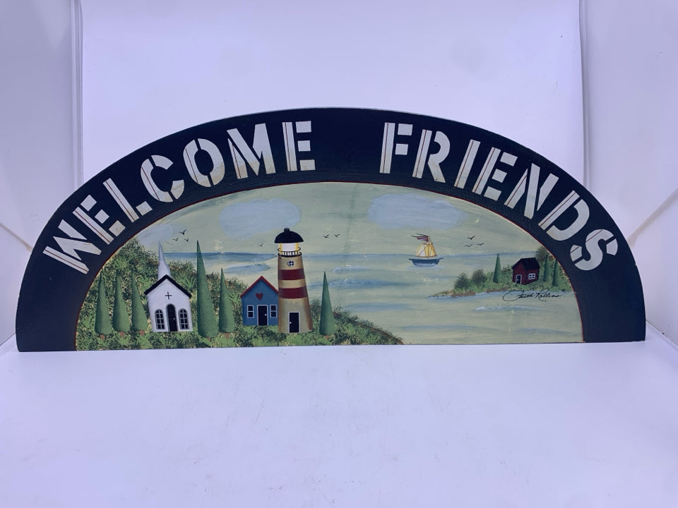 WELCOME FRIENDS PRIMITIVE HALF MOON WALL HANGING.