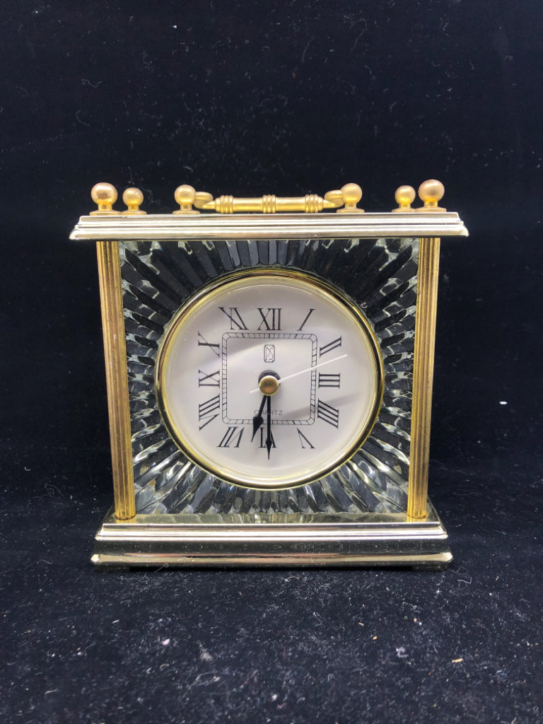 GOLD AND CRYSTAL SQUARE CLOCK W HANDLE.