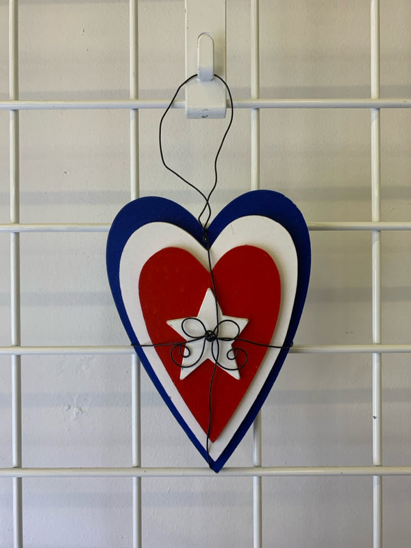 RED, WHITE AND BLUE HEART WALL HANGING.
