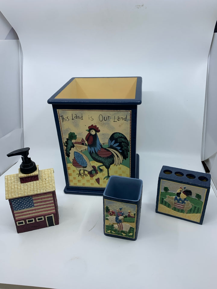 4 PC SCHOOLHOUSE BATHROOM SET - TRASH CAN, CUP, SOAP DISPENSER, TOOTHBRUSH HOLDE