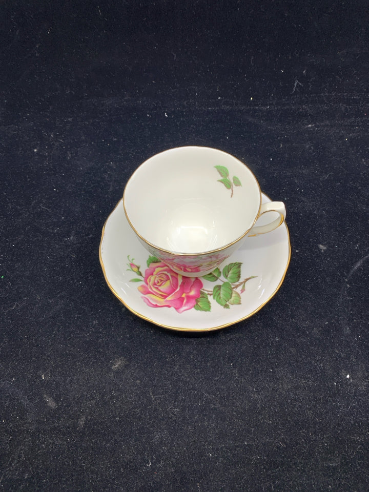 VTG CROWN ROYAL PINK ROSES TEACUP AND SAUCER.