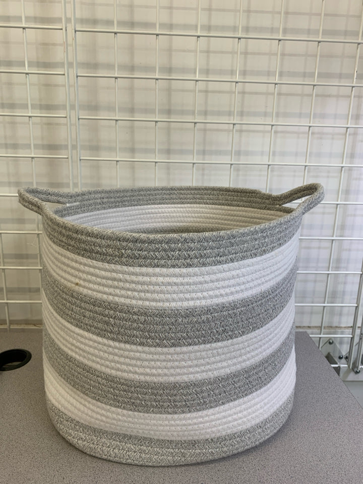 GREY/WHITE STRIPED COTTON ROPE STORAGE BASKET.