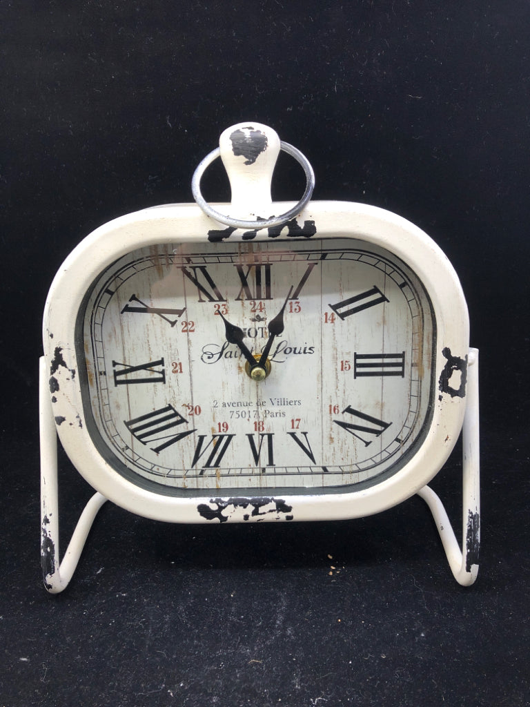 WHITE DISTRESSED DESK CLOCK.