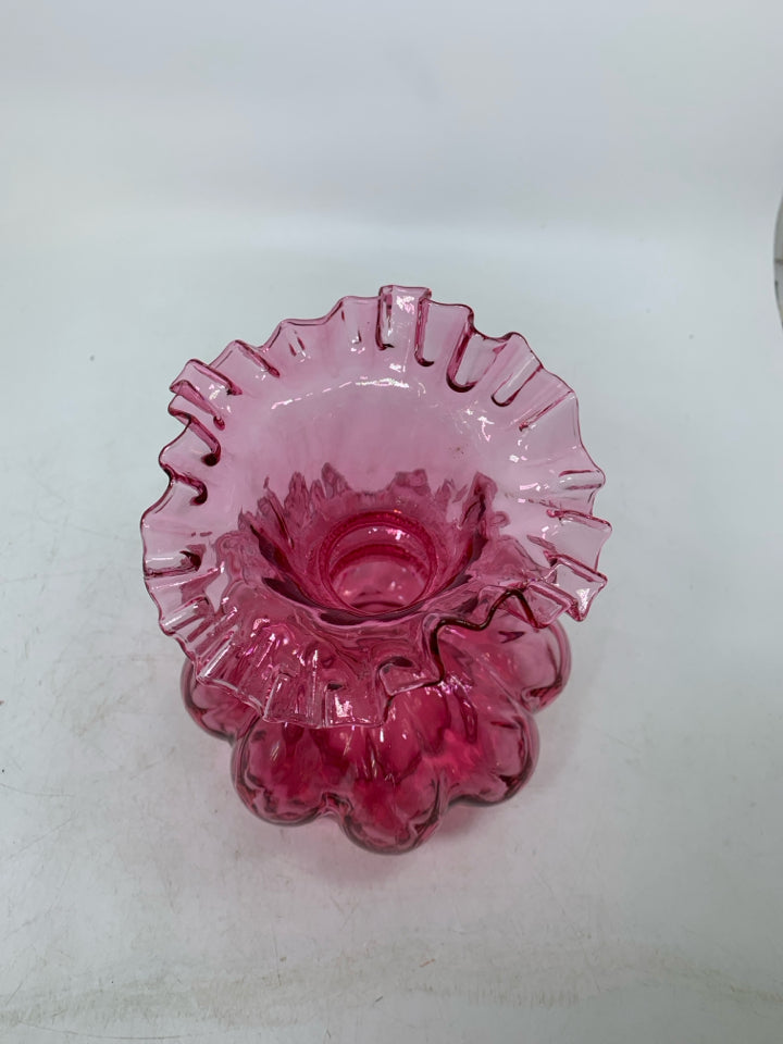 VTG FENTON RUFFLED RIM MELON VASE.