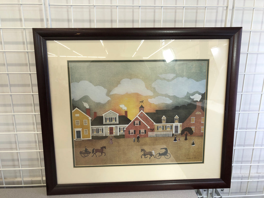 FRAMED VILLAGE PRINT BY BARBARA PALMER.