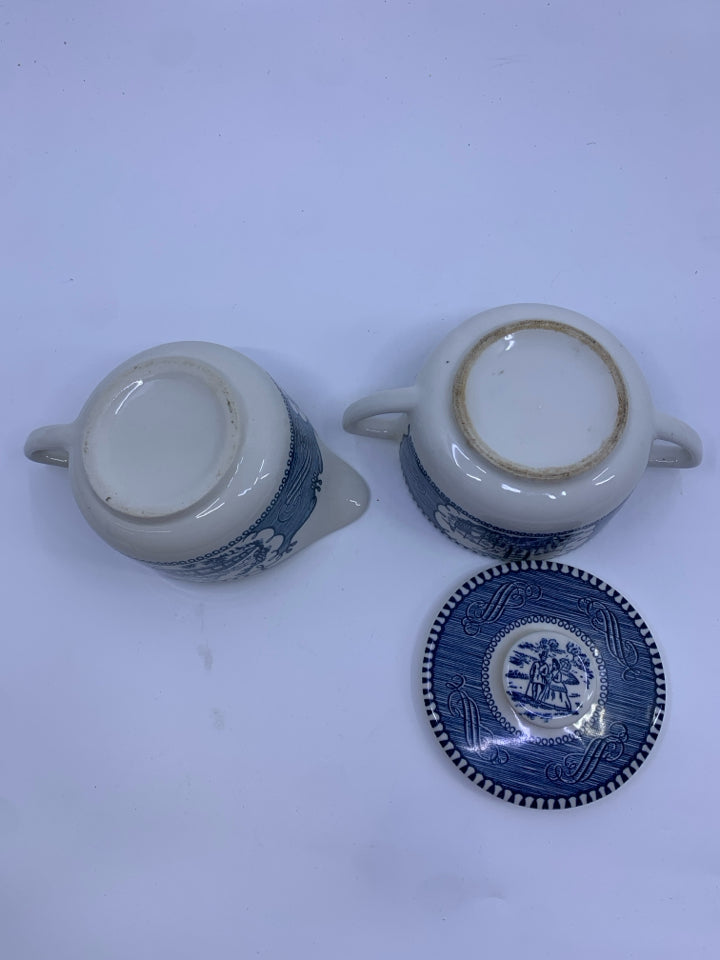 VTG BLUE AND WHITE TRAIN SCENE SUGAR AND CREAMER.