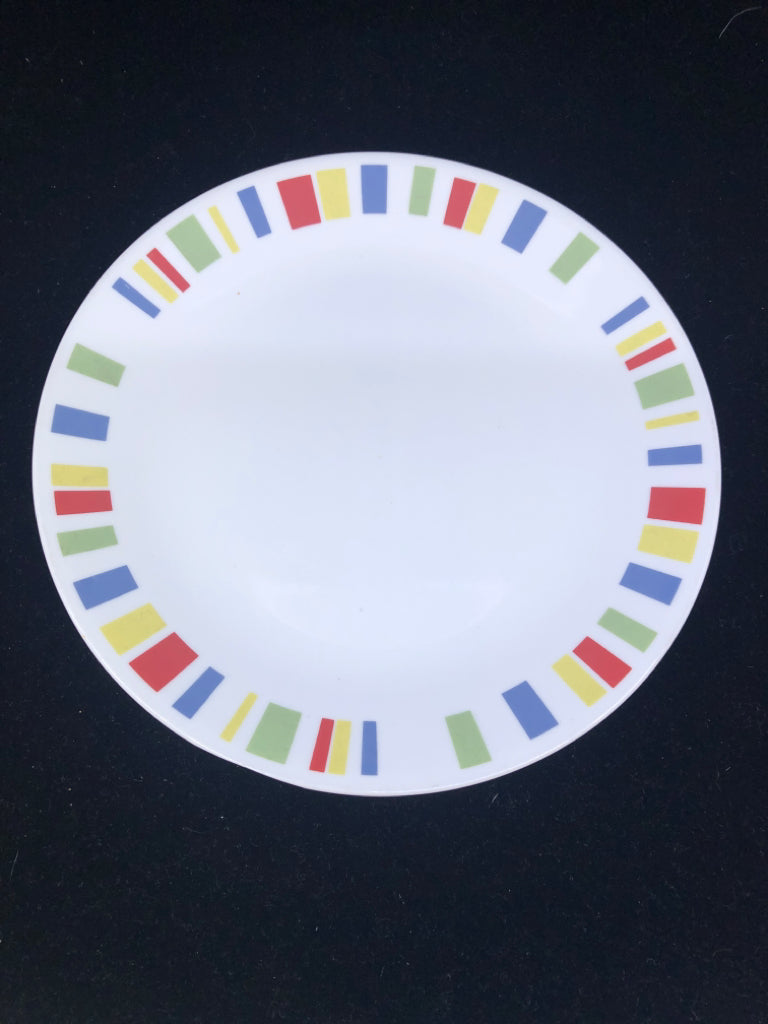 4 WHITE CORELLE DINNER PLATES W/MULTI COLOR SQUARES.