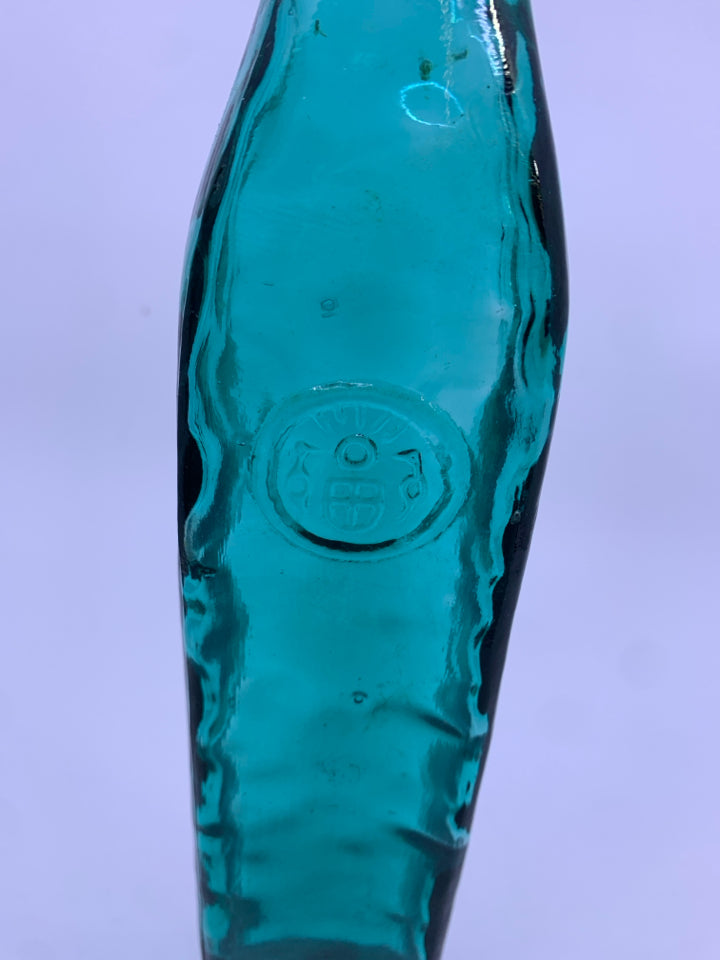 EMPTY TEAL GLASS DECORATIVE BOTTLE.