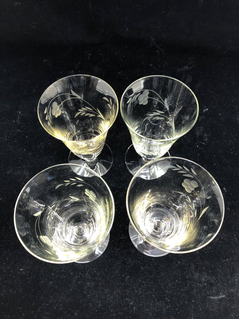 4 FLORAL LEAF ETCHED CRYSTAL WATER GLASSES.