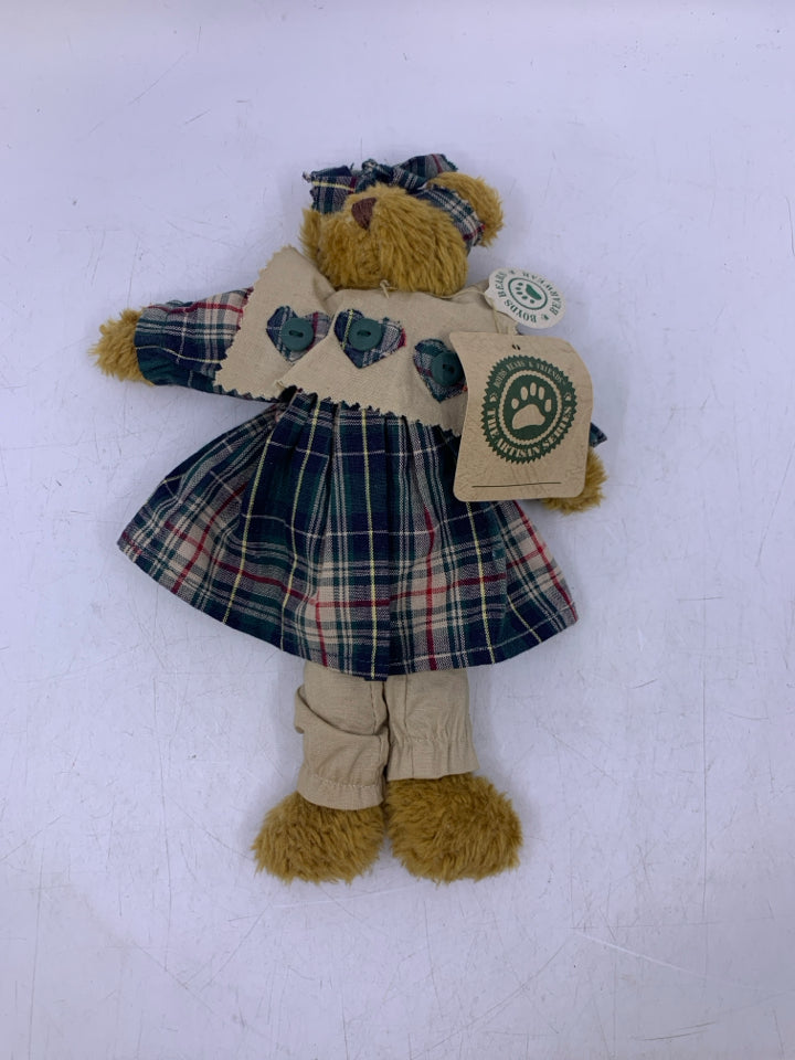 BLONDE SHAG BEAR W/ PLAID DRESS W/ BUTTONS.