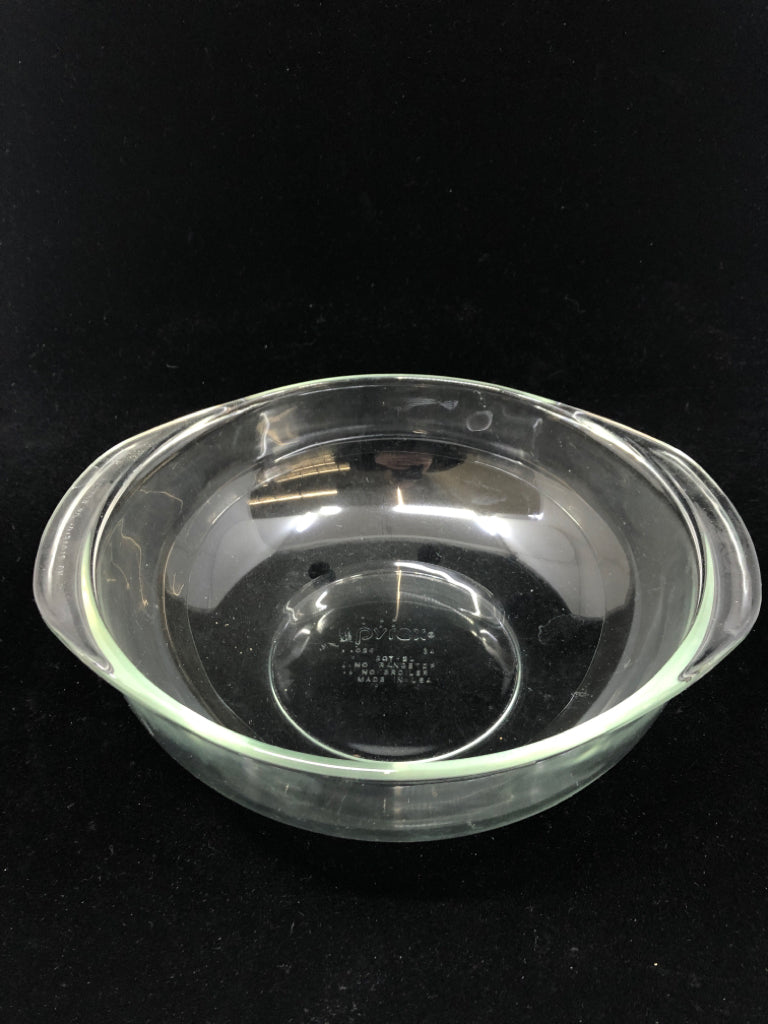 ROUND PYREX CLEAR GLASS MIXING BOWL W/HANDLES.