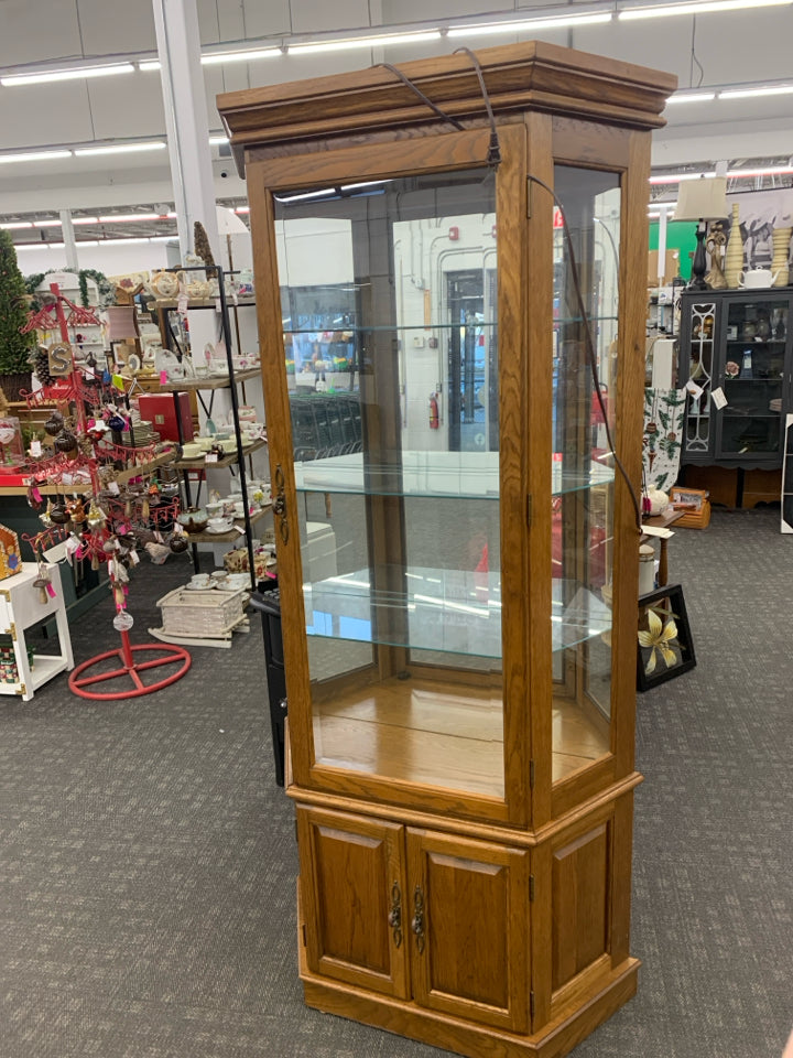 WOOD GLASS CURIO CABINET LIGHT WOOD 3 GLASS SHELVES CABINET ON BOTTOM.