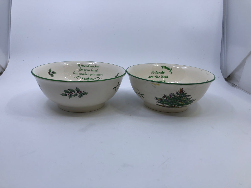 2 SPODE CHRISTMAS TREE "FRIEND" GREEN EDGE BOWLS.