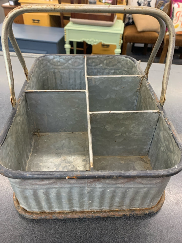 DIVIDED GALVANIZED METAL "BASKET" W HANDLES.