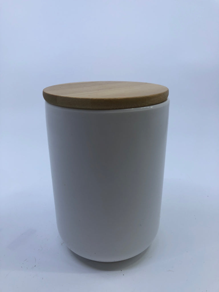 SMALL MATTE WHITE CANISTER W WOOD LID.