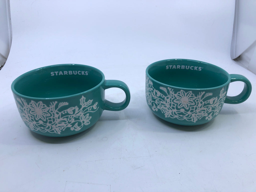 2 TEAL MUGS WHITE LACE-STARBUCKS.