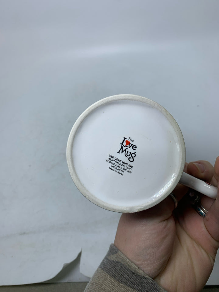 VTG WHITE MUG W/ CANDY CANE HANDLE TRAIN AROUND.