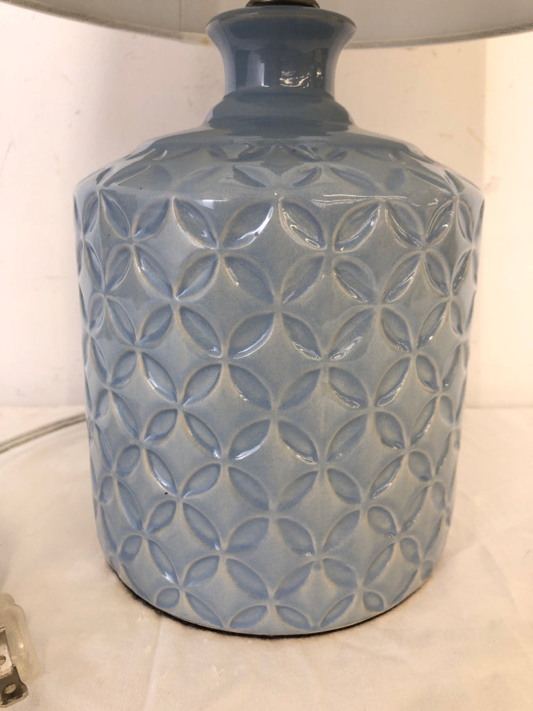 LIGHT BLUE BASE LAMP W WHITE SHADE.