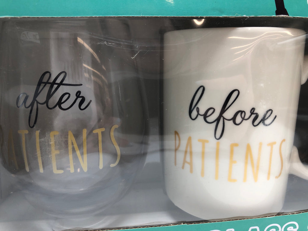 NIB AFTER/BEFORE PATIENTS MUG & GLASS SET.