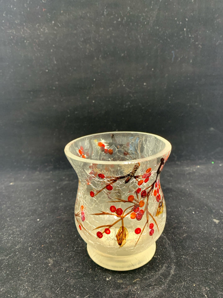 YANKEE CANDLE CRACKLE GLASS W RED BERRIES CANDLE HOLDER.