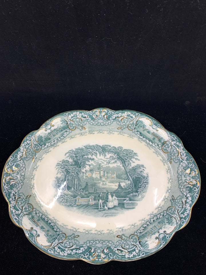 LARGE TEAL CASTLE W GOLD ACCENTS OVAL PLATTER.