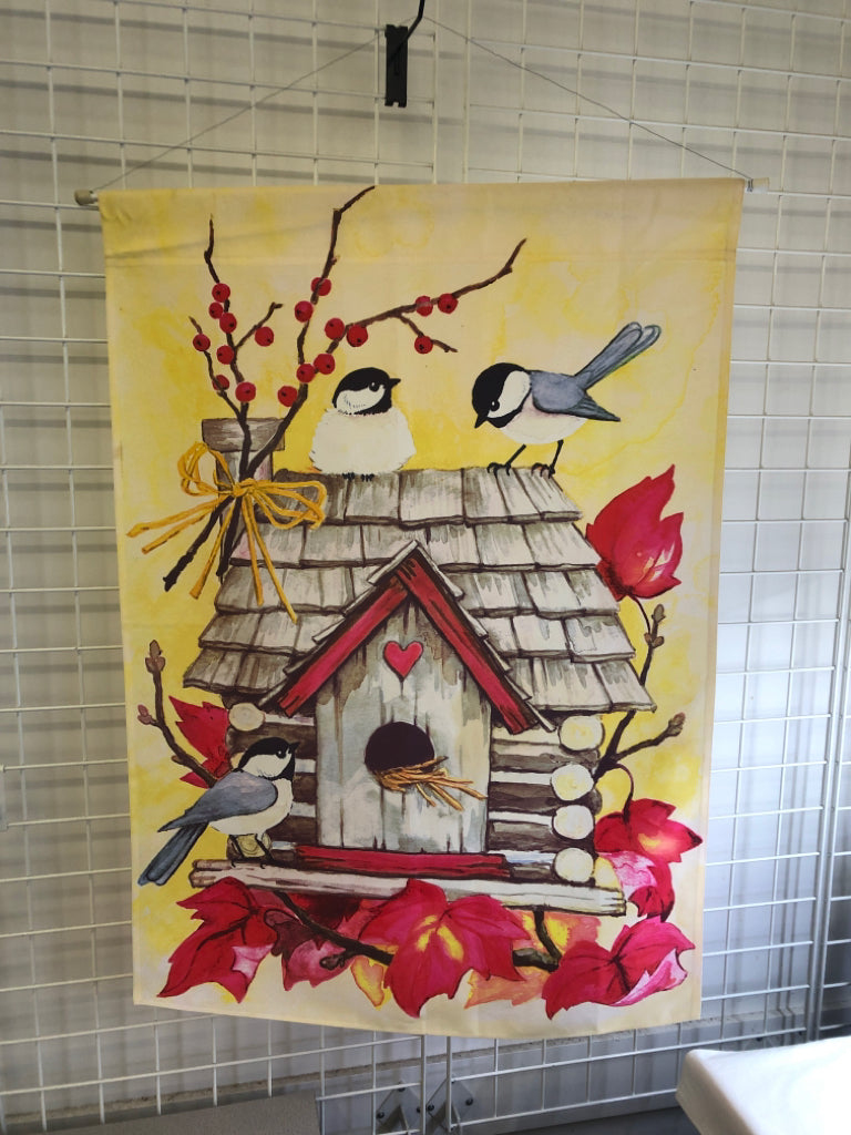 LARGE FABRIC  BIRDHOUSE W CHICKADEES WALL ART.