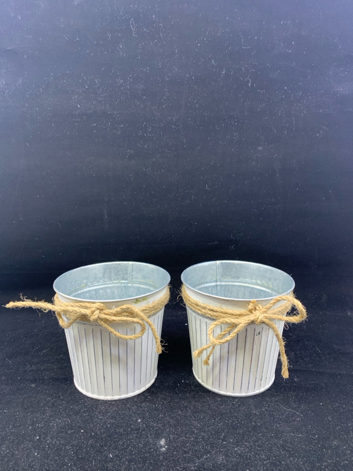 2 WHITE GALVANIZED METAL BUCKETS W TWINE.