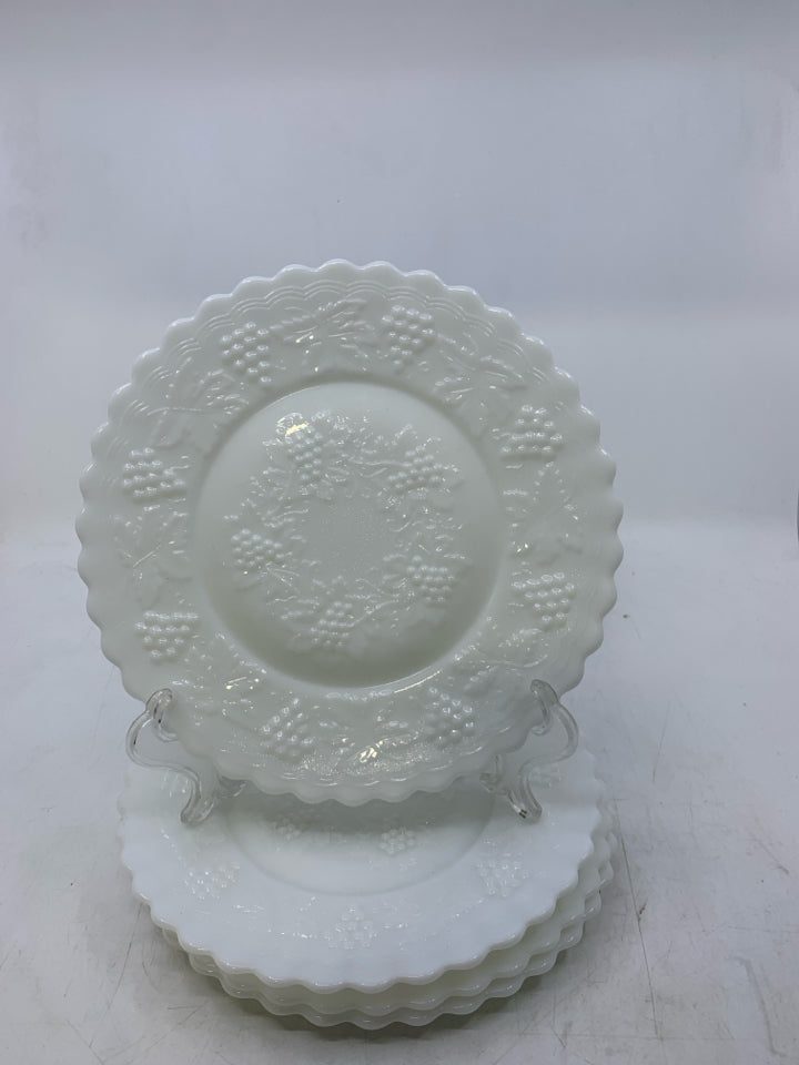 4 MILK GLASS LUNCH PLATES EMBOSSED GRAPES.