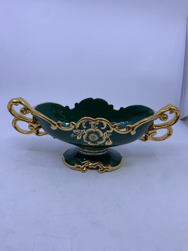 GREEN GOLD CERAMIC FOOTED OVAL PLANTER W/ FLOWER DESIGN SIGNED.