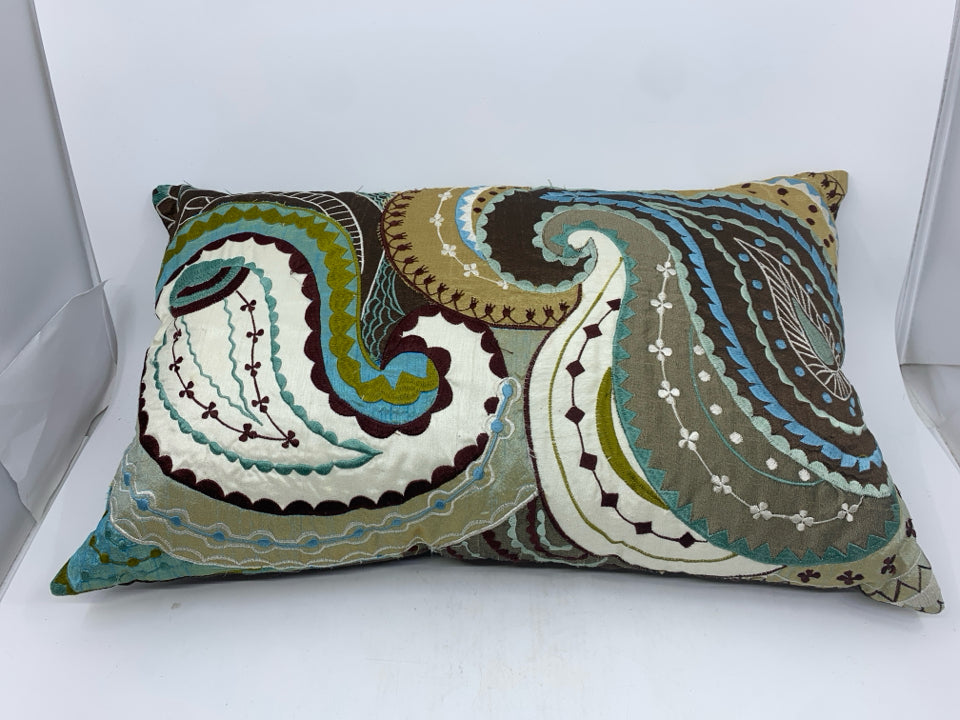 BROWN AND BLUE PAISLEY PATTERN RECTANGLE PILLOW.