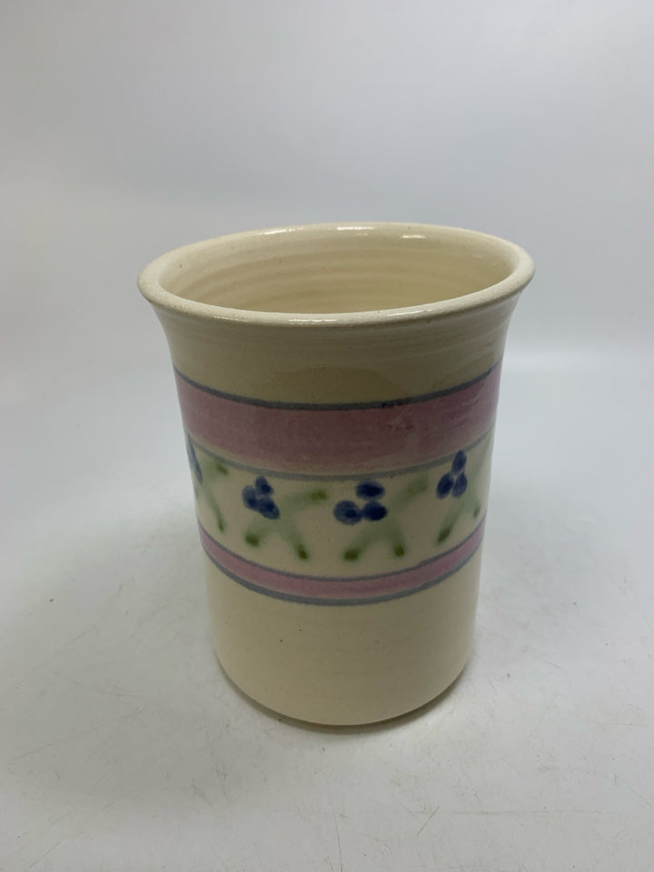 POTTERY CRACKLE CROCK W/ PINK BAND/ BLUE FLOWERS.