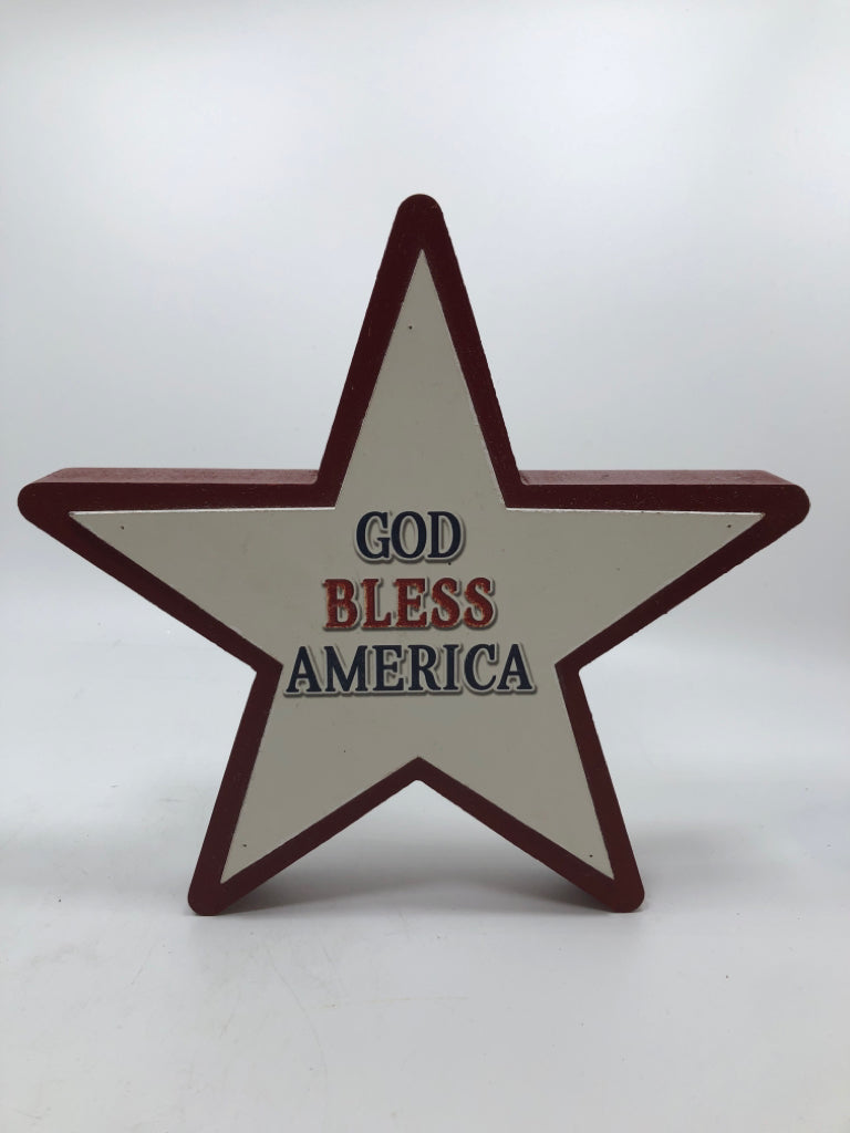 BLESS AMERICA RED WOOD STAR DECOR.