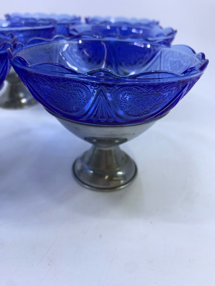 6 VTG COBALT BLUE GLASS SHERBET DISH WITH METAL HOLDER.