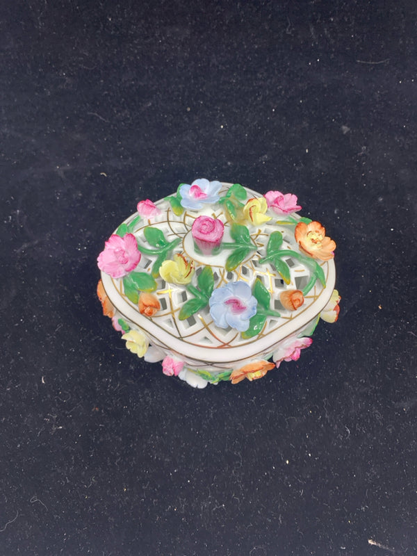 WHITE PIERCED W COLORFUL FLORAL COVERED TRINKET DISH W LID.