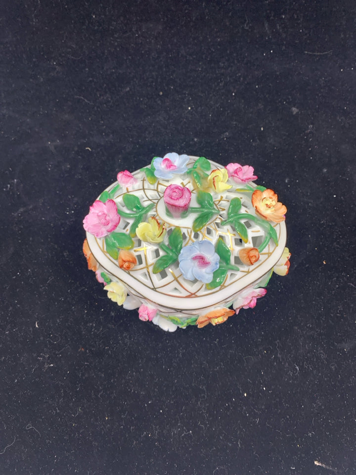 WHITE PIERCED W COLORFUL FLORAL COVERED TRINKET DISH W LID.