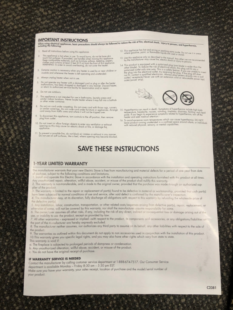 ELECTRIC FIRE PLACE W/ INSTRUCTIONS.