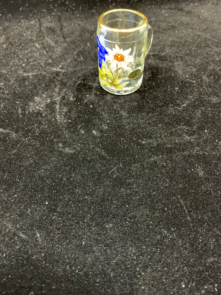 MINI GLASS STEIN W/PAINTED FLOWERS.