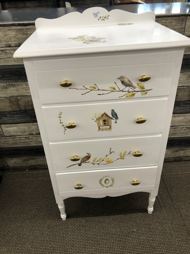 SMALL 4 DRAWER REFURBISHED DRESSER W/ BIRD + NESTS DETAILS GOLD HARDWARE.