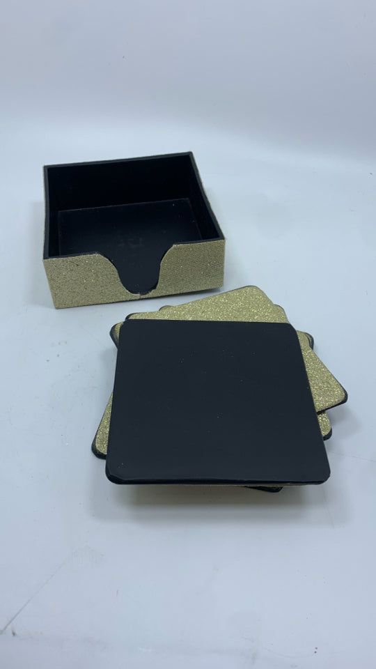 6PC GOLD GLITTER COASTERS W/HOLDING CASE.