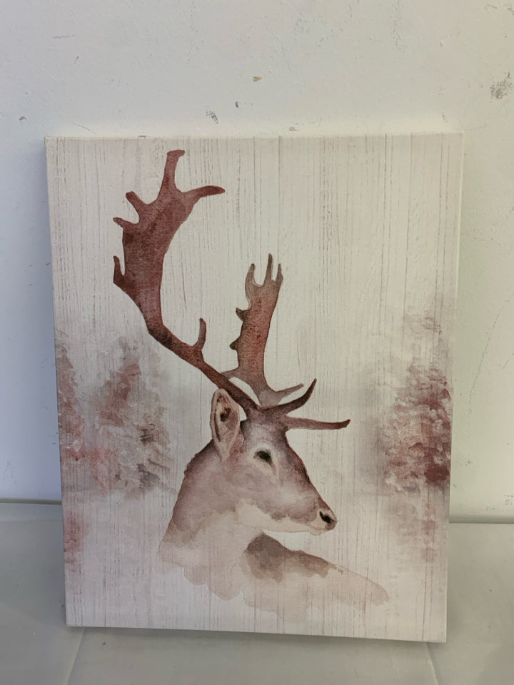 WHITE AND RED WATER COLOR DEER STAG CANVAS WALL ART.