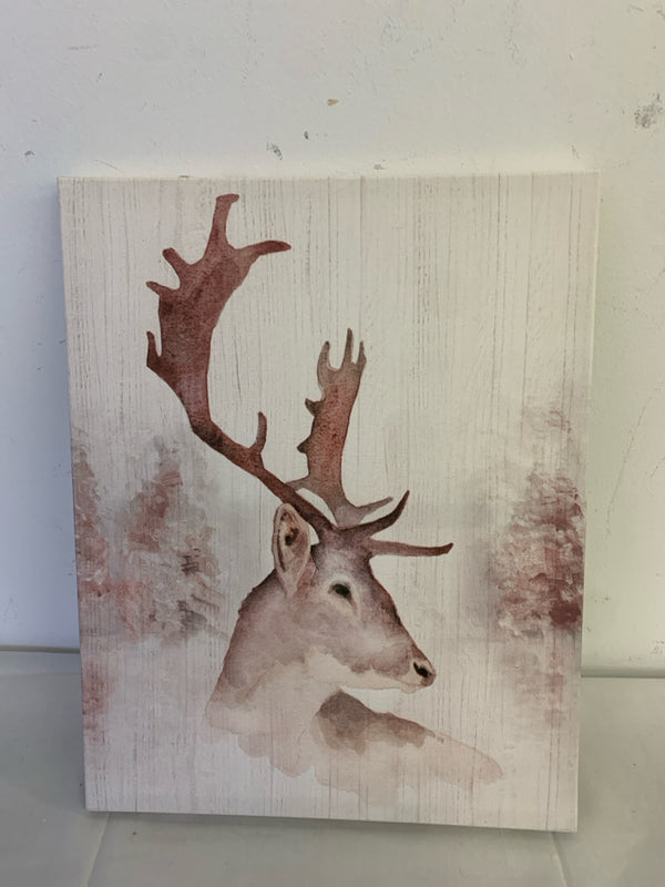 WHITE AND RED WATER COLOR DEER STAG CANVAS WALL ART.