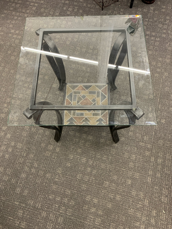 METAL 2 TIER TABLE TILE BOTTOM/GLASS TOP SIDE TABLE.